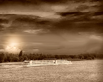 sepia sunrise , light, boats, clouds, sepia, commercial, water, sunrise HD wallpaper