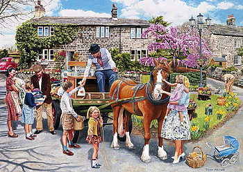 Village Trading, artwork, coach, horse, street, houses, people, vintage HD wallpaper