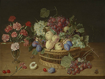 Bouquet Of Fruit, table, carnations, grapes, cherries, fall, vase, plums, pears, basket, wicker, pink, leaves, vines, glass, flowers, still HD wallpaper