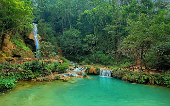 Kuang Si Falls, Laos, trails, waterfalls, beautiful, turquoise blue pools, walkways, emerald, shallow pools, trees, forest HD wallpaper