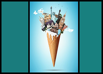:), blue, stuff, ice cream, collage, summer, creative, cornet, fantasy, statue of liberty, funny, vara HD wallpaper