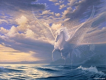 Parallel Dimensions, imagineary, mystical, sunrise, waves, heavens, dreamy, castle, water, ocean, hill, pastels, wings, white, blues, path, soft, fluffy, fantasy, whitecaps, unicorn, clouds, sky HD wallpaper
