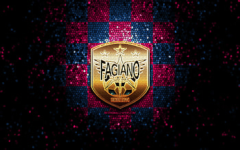Fagiano Okayama FC, glitter logo, J2 League, purple blue checkered background, soccer, japanese football club, Fagiano Okayama logo, mosaic art, football, Fagiano Okayama HD wallpaper