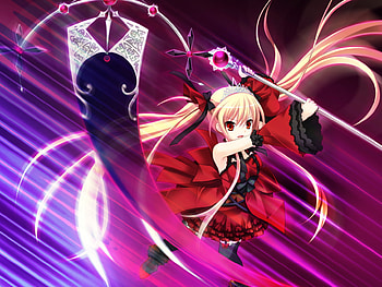 Bloody rondo, game cg, red eyes, red dress, scythe, twintails, blonde hair, thinghighs, loli HD wallpaper