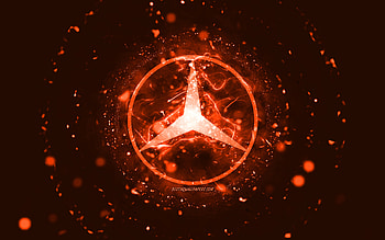 Mercedes-Benz orange logo, , orange neon lights, creative, orange abstract background, Mercedes-Benz logo, cars brands, Mercedes-Benz HD wallpaper
