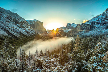 Sunrise, winter, trees, dawn, mountains HD wallpaper