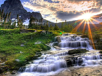 Small Waterfall, fall, sky, water, sun, land HD wallpaper