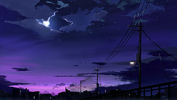 Power Lines Moon Anime Quite Night , anime, artist, artwork, digital-art, deviantart, sky, night HD wallpaper