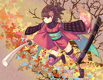 Momohime, oboro, muramasa, ninja, wii, cute, stick, traditional, leaves, weapon, autumn, flowers HD wallpaper