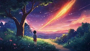 Anime Boy Watching Comet, anime-boy, stars, tree, sky, artist, artwork, art, digital-art, deviantart HD wallpaper
