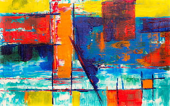 Colorful abstract art with geometric shapes and vibrant textures on canvas. HD wallpaper