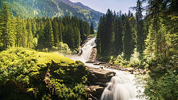 Krimmler Waterfall, Austria, alps, mountains, river, landscape, trees, forest HD wallpaper