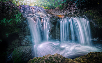 waterfall, evening, sunset, jungle, beautiful waterfall, forest, stones, mountain stream HD wallpaper