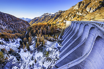 Dam, architecture, landscape, trees, mountains, water HD wallpaper