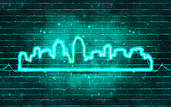 San Diego turquoise neon silhouette, , turquoise neon lights, San Diego skyline silhouette, turquoise brickwall, american cities, neon skyline silhouettes, USA, San Diego silhouette, San Diego HD wallpaper