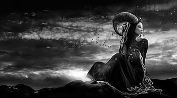 Before the sunrise, white, black, model, joachim bergauer, horns, situation, girl, maleficent, woman, creative, fantasy HD wallpaper