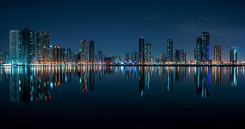 UAE, night, skyline, lights, water HD wallpaper