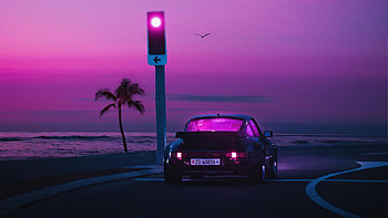 Light Signal Porsche Car On Road Pink Sky Background Vaporwave HD wallpaper
