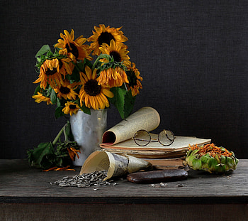 Still life, Paper, Sunflowers, Bouquet, Glasses HD wallpaper