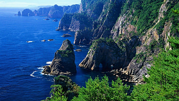 blue sea mountain, blue, sea, grass, mountain HD wallpaper