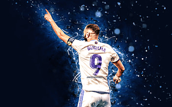 Karim Benzema, back view, Real Madrid CF, french footballers, blue neon lights, La Liga, Karim Mostafa Benzema, soccer, football, Karim Benzema Real Madrid, LaLiga, Karim Benzema , Real Madrid FC HD wallpaper
