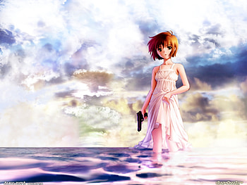 Manga, cute, scenery, abstract, scenic, short hair, gun, water, ocean, cloud, female, sexy, sea, scene, pistol, hot, girl, brown eye, anime girl, anime, brown hair, weapon, sky HD wallpaper