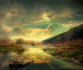 Saturday morn, river, hills, trees, peace, grass, cloudy sky, rocks HD wallpaper