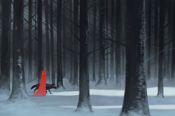 Red And The Wolf, winter, snow, wolf, forest, woman HD wallpaper