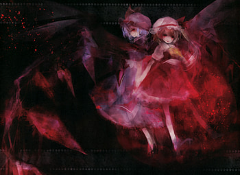 Scanned Cutted Awesomed, wings, purple hair, ribbon, red eyes, vampire, highres, remilia-scarlet, touhou, short hair, blonde hair, flandre scarlet, bat wings HD wallpaper