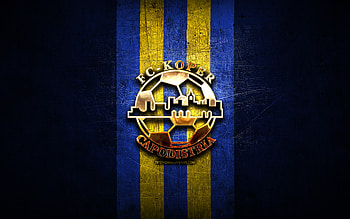 Koper FC, golden logo, Prva liga, blue metal background, football, Slovenian football club, FC Koper logo, soccer, Slovenia, FC Koper HD wallpaper
