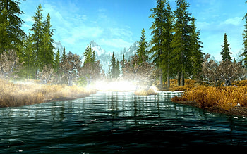 Scenic, trees, river, skyrim HD wallpaper