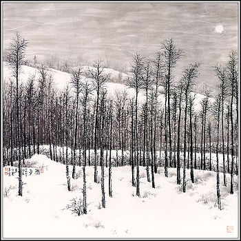 Wu Yung Le-The Chilly Moon, trees, sky, moon, snow HD wallpaper
