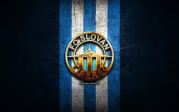 Slovan Liberec FC, golden logo, Czech First League, blue metal background, football, czech football club, FC Slovan Liberec logo, soccer, FC Slovan Liberec HD wallpaper