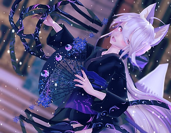 Fox girl, blue, aliceharrison, girl, fox, fan, purple, pink, hand fan, anime, fantasy, manga HD wallpaper