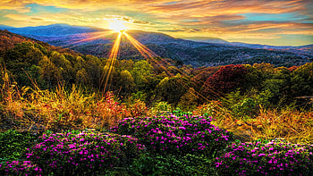 Blue Ridge Mountains at the border of Tennessee and North Carolina, sunset, trees, colors, landscape, clouds, sky, sun, usa HD wallpaper