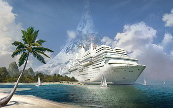 Fantasy, Palms, Shore, Bank, Ship HD wallpaper