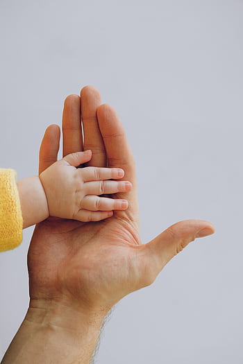 Close up of a baby's hand gently touching an adult's palm, symbolizing love and care. HD phone wallpaper