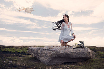 Girl Sitting On Hard Rock With Fantasy Dragons, girls, model HD wallpaper