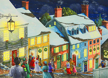 Christmas carolers, winter, mood, art, town, beautiful, houses, caroler, holiday, painting, snow, christmas, street, joy, lovely, village HD wallpaper