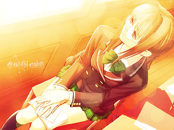 Shining Wind, yellow eyes, seifuku, cute, girl, long hair, book, anime, glasses, school, blonde hair, sunset HD wallpaper