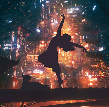 Dancer, girl, ballet, silhouette, night, dil e esha, city, cat, fantasy, pisici, lights, dileesha, luminos HD wallpaper
