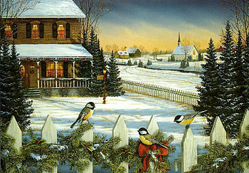 Christmas Time, winter, birds, firs, house, landscape, chickadees, artwork, painting, snow, fence HD wallpaper