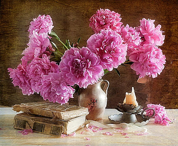 still life, bouquet, gentle, graphy, peonies, beauty, nice, candlestick, books, petals, flower, , elegantly, peony, vase, beautiful, old, candle, pretty, cool, flowers, lovely, harmony HD wallpaper