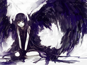 Angel, wings, anime, dark hair, girl, long hair HD wallpaper