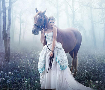 fantasy girl, fog, horse, abstract, fantasy, animals, forest, female HD wallpaper