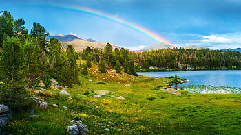 Wind River Range, Wyoming, rainbow, landscape, trees, water, usa, stones HD wallpaper