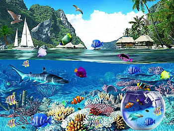 Tropical sea world fantasy, blue, boat, sea, fishes, shark, tree, 3d, abstract, underwater, corals HD wallpaper