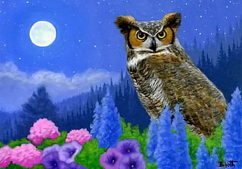 Painting, night, flowers, moon, owl HD wallpaper