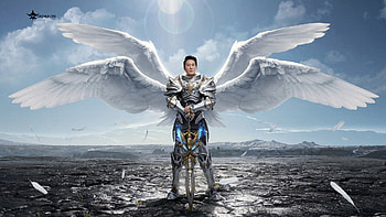 Angel, wings, man, dq hunter, armor, fantasy, jackie chan, dwhunter, actor, luminos HD wallpaper