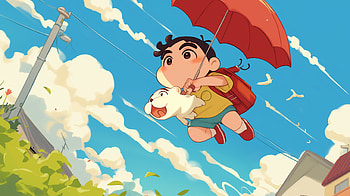 Shin-chan's Sky Adventure, Anime, Crayon Shin-chan, Shinchan Nohara, child, umbrella HD wallpaper